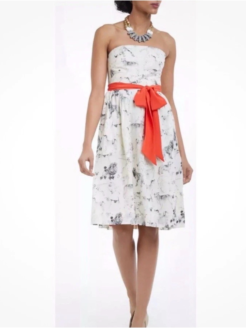 Maeve White Strapless Floral Dress with Coral Sash